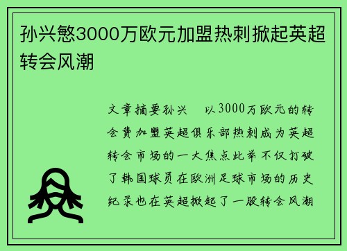孙兴慜3000万欧元加盟热刺掀起英超转会风潮 孙兴慜3000万欧元加盟热刺掀起英超转会风潮